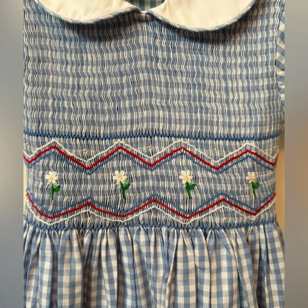 The Beaufort Bonnet Company Smocked Blue Gingham Kids Dress with White Collar - Picture 2 of 5